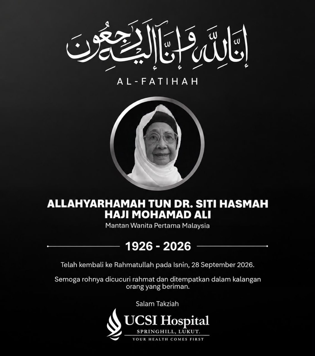 DGHisham's tweet photo. إِنَّا لِلّهِ وَإِنَّـا إِلَيْهِ رَاجِعُونَ

Our condolences to Tun Mahathir and his family. This is a great loss to the nation.

Tun Dr Siti Hasmah Mohamad Ali came to represent the ideal first lady, dignified, intelligent, graceful, and deeply supportive. For seven decades, she was Tun Dr Mahathir Mohamad’s constant companion and steadfast pillar, not merely standing behind him but walking beside him through his long political journey. Through triumphs and trials, she offered loyalty, calm strength, and quiet counsel. At the same time, her own achievements as a medical doctor and advocate gave her a distinct public role, making her more than a supportive spouse. She was a beacon of partnership, resilience, and devotion, and an enduring symbol of motherhood to the nation.

اللَّهُمَّ اغْفِرْ لَها وَارْحَمْها وَعَافِها وَاعْفُ
عَنْها وَأَكْرِمْ نُزُلَها وَوَسِّعْ مُدْخَلَها.