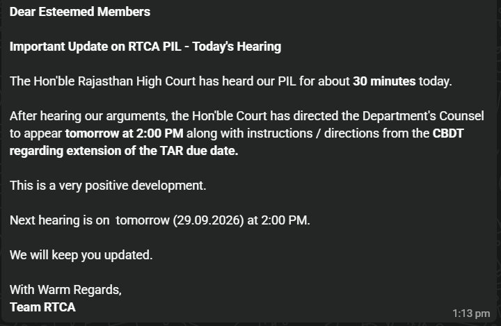 nksharma5565's tweet photo. Update regarding RTCA plea case for #extension
#ExtendDueDate #extendduedatenow #ExtendDueDateImmediately #TaxAudit #TaxCompliance #CBDT #ICAI #IncomeTax #ExtendTaxAudit #Extension_हक़_है_भीख_नहीं https://t.co/EeCjZI5DiQ