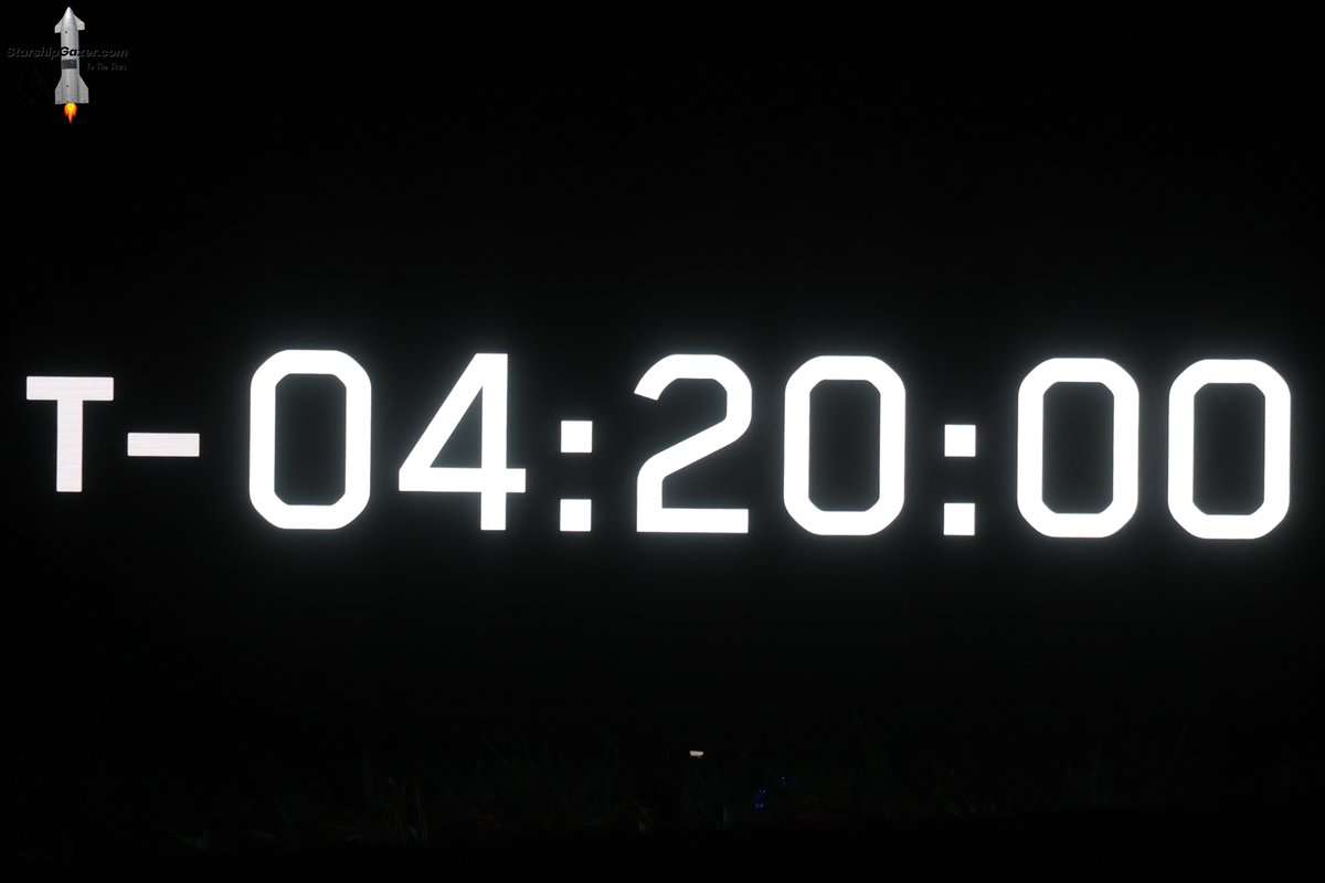 StarshipGazer's tweet photo. The Starship flight 14 official countdown clock is counting down here at Starbase Texas. Just over 4 hours until the start of the launch window at 7:15 am. 

9/28/26 https://t.co/FfJPksHs6q
