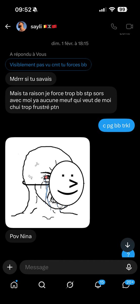 gare2roubaix's tweet photo. J’ai la flemme d’aller plus loin dans la conv mais en bref c’est un forceur de bz jcomprends mm pas que yait des zgeg qui le défendent alors que qd il sfait recal sa seule défense c soit d’insulter soit d’essayer d’afficher https://t.co/a1KQTOPIdQ
