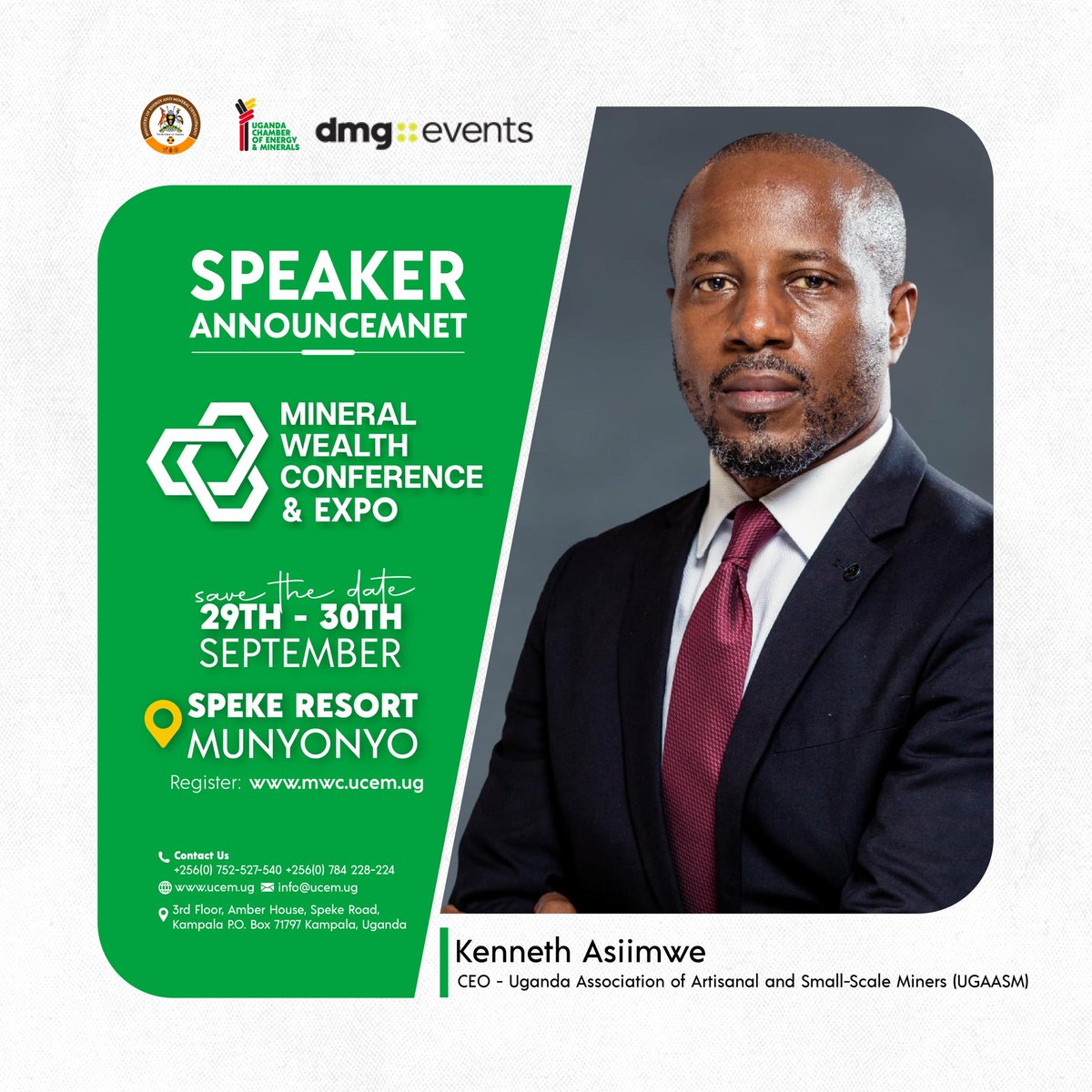 UgandaChamber's tweet photo. Meet Kenneth Asiimwe, #CEO of the Uganda Association of Artisanal and Small-Scale Miners @UGAASM_  joining the distinguished speakers at the 15th Annual Mineral Wealth Conference & Expo 2026. ⛏️🌍

His perspective will contribute to important conversations on artisanal and small-scale mining, responsible mineral development, and unlocking greater value from Uganda’s mineral resources.

📅 29th–30th September 2026
📍 Speke Resort Munyonyo
🌐 Register: https://t.co/3UNEQFsTv5

Beneath the Surface: Unlocking Africa’s Next Mining Powerhouse.
#MWC2026 @MEMD_Uganda