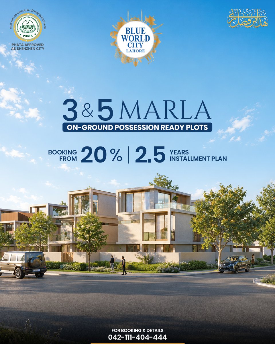 bwclahore's tweet photo. 🏡 Your Dream Home Starts Here at Blue World City Lahore!

Discover premium 3 &amp; 5 Marla on-ground residential plots with an affordable 20% booking and a flexible 2.5-year installment plan!

📞 Call Now: 042-111-404-444 https://t.co/9Fm0Y1Dlwp