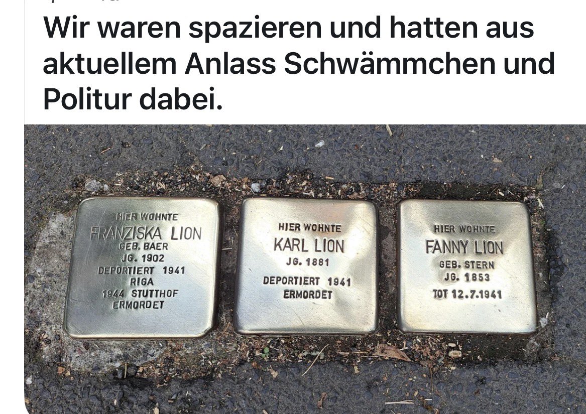 Faktencheck2030's tweet photo. Aus gegebenem Anlass wäre das doch mal eine feine ‚ bundesweite‘ Aktion🤗

#Stolperstein 
#Erinnerung 
#Antisemitismus https://t.co/fYqGywMfFn