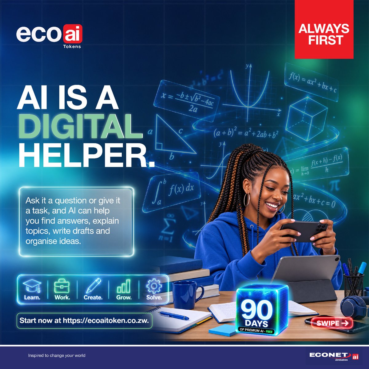 econetzimbabwe's tweet photo. What is AI?
AI can understand instructions, answer questions, generate ideas and help you get things done faster.
Start now at https://t.co/BOzHUoj2Im
Learn. Work. Create. Grow. Solve. 🚀💡
#EcoAITokens #AlwaysFirst #EconetAI https://t.co/ICWmckKVvI