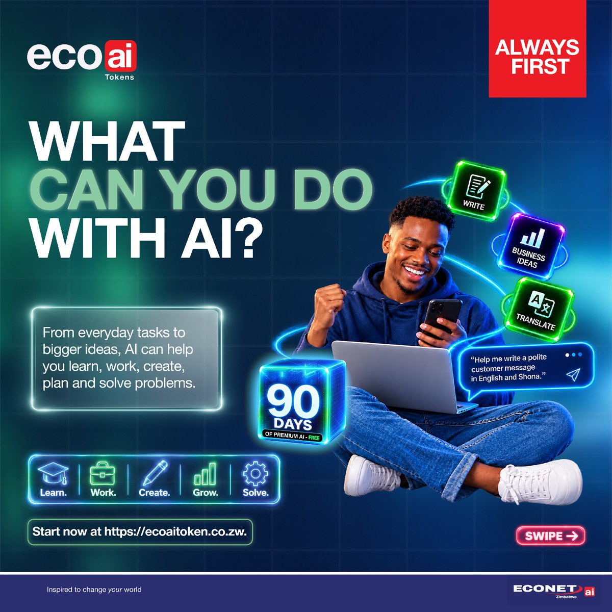econetzimbabwe's tweet photo. What is AI?
AI can understand instructions, answer questions, generate ideas and help you get things done faster.
Start now at https://t.co/BOzHUoj2Im
Learn. Work. Create. Grow. Solve. 🚀💡
#EcoAITokens #AlwaysFirst #EconetAI https://t.co/ICWmckKVvI