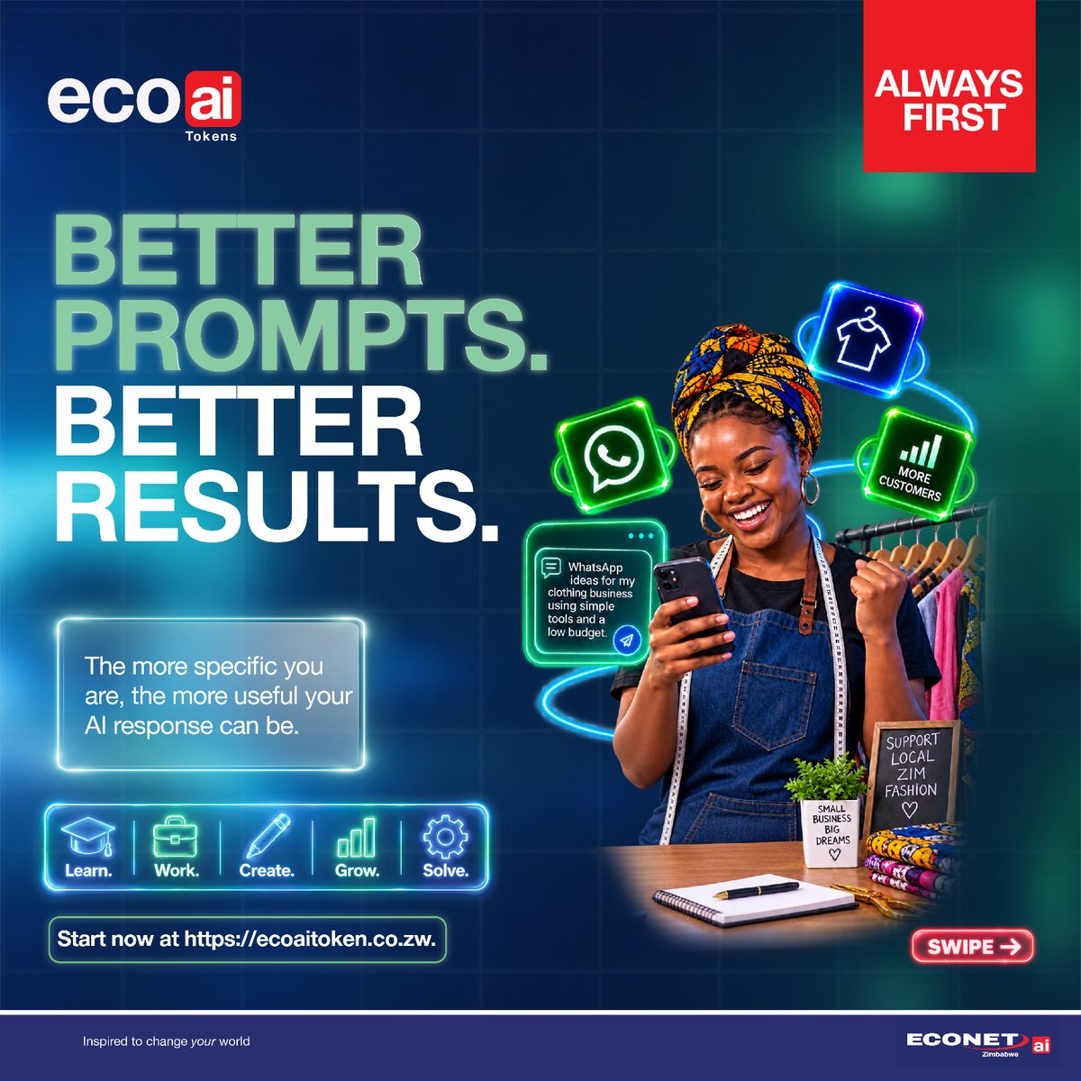 econetzimbabwe's tweet photo. What is AI?
AI can understand instructions, answer questions, generate ideas and help you get things done faster.
Start now at https://t.co/BOzHUoj2Im
Learn. Work. Create. Grow. Solve. 🚀💡
#EcoAITokens #AlwaysFirst #EconetAI https://t.co/ICWmckKVvI