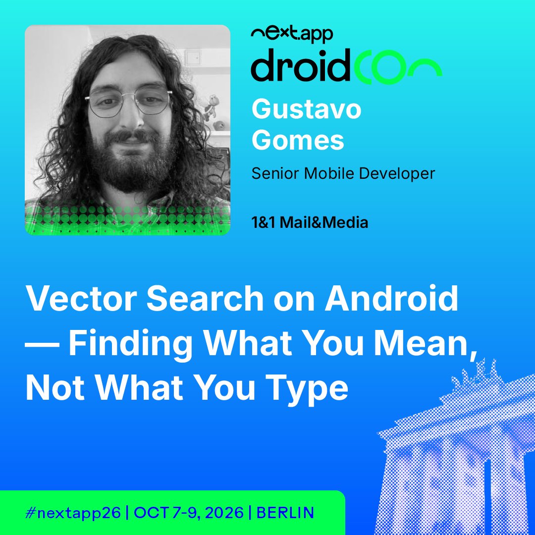 droidcon's tweet photo. Vector search on Android finds what you mean, not just what you type. 🔍

Gustavo Gomes shows how to build it at droidCon Berlin.

Learn more: https://t.co/fIKMY8Bgeo

#nextapp26 #AndroidDev https://t.co/ZQ3N3WLaA3