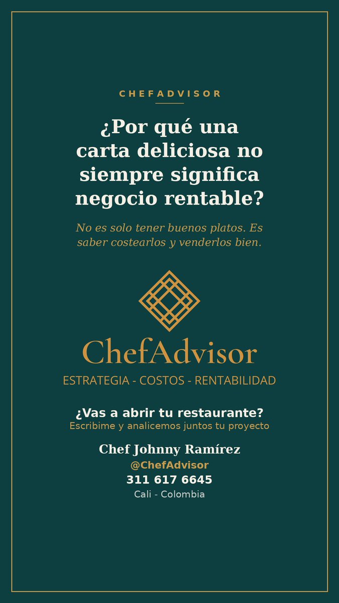 Johnnycheff145's tweet photo. CHEFADVISOR
CONSULTORÍAS GASTRONÓMICAS
@ChefAdvisor.
Johnny Ramírez
3116176645
Cali - Colombia
Estrategia - Costos - Rentabilidad
#EmprendedoresCali, #Cali, #RestaurantesCali, #AbrirUnRestaurante, #ConsultoriaGastronomica https://t.co/RBuhjLhAhR