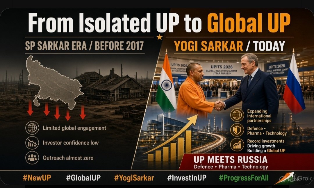 Real_Pushpa's tweet photo. Under SP Sarkar, Uttar Pradesh 
stayed inward-looking.
Global investment outreach was almost zero. Law and order problems, mafia networks, and weak ease of doing business kept serious international partners away. The state had potential, but the environment did not convert that potential into partnerships, factories, or confidence.

Yogi Adityanath changed the equation. Strong law and order, single-window systems, Defence Industrial Corridor, medical device and pharma parks, expressways, airports, and investor summits rebuilt trust. That is why UPITS 2026 can host real conversations with Russia on defence manufacturing, medical devices, technology, workforce exchange, and bilateral investment — not just photo-ops.

This is the contrast: one model treated the state as a closed political pocket. The other treated it as a large market with young talent, infrastructure, and the ambition to sit at the global table. Russia coming to discuss concrete sectors with Uttar Pradesh is the result of that shift, not slogans.

New Uttar Pradesh is being built on delivery, not dynasty politics. 
That is why partnerships are expanding.

 #UPITS2026 #JabUPMetRussia #UPWithYogi #YogijikaGlobalUP #GlobalPartnerships