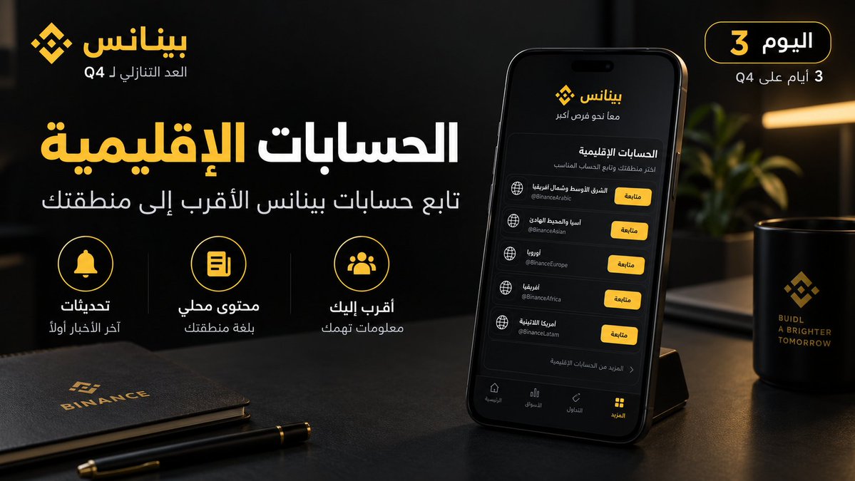 BinanceArabic's tweet photo. 🌍 باقي 3 أيام على Q4

معلومة اليوم: الحسابات الإقليمية

تابع حساب بينانس الأقرب لمنطقتك للحصول على محتوى محلي، تحديثات ذات صلة، ومعلومات أقرب لاهتماماتك.

المحتوى المناسب يبدأ من المكان المناسب.

تابع @BinanceArabic
أعد نشر منشور اليوم
وسجّل في بينانس مع إكمال التحقق للمشاركة:

https://t.co/kv2J8VUItY

كل يوم تشارك فيه = فرصة إضافية للفوز 👀

#UptoberCountdown