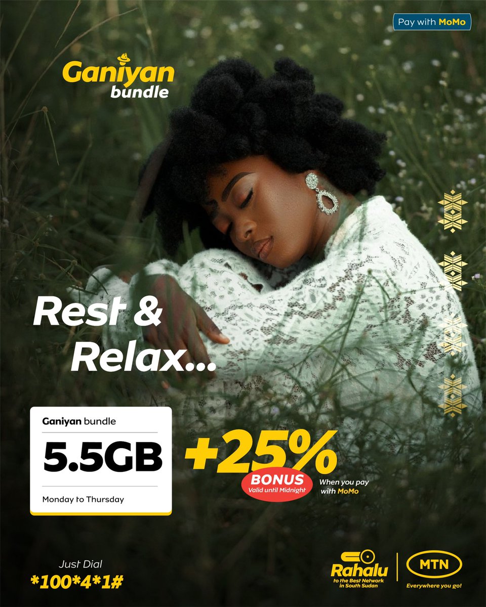 MTNSSD's tweet photo. Yajamana, salary week yau de, and what better way to reward yourself than with the MTN Ganiyan bundle to take you through Monday to Thursday like a boss.
Get 5.5GB plus extra 25% Bonus when you purchase with MoMo via *100*4#
#Switch2MTN #BestNetwork https://t.co/rnIeQuT6w3