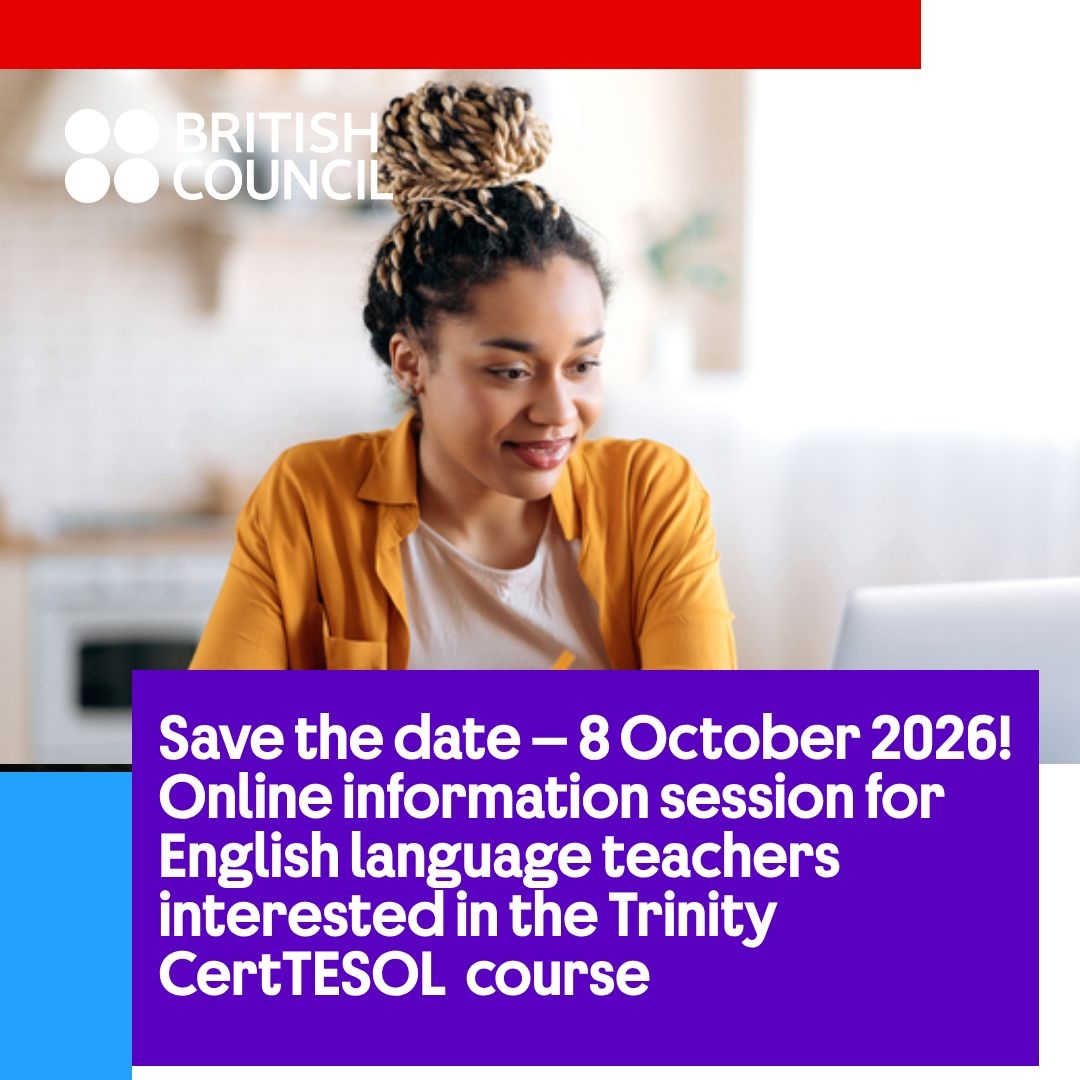 BritishCouncil's tweet photo. Are you a practicing English language teacher or planning to start a career in ELT? 

Join our free online information session for the Trinity CertTESOL course!
 
📌 Register for the free info session: https://t.co/RI6RIrN2tS https://t.co/UeMuxaX7xO