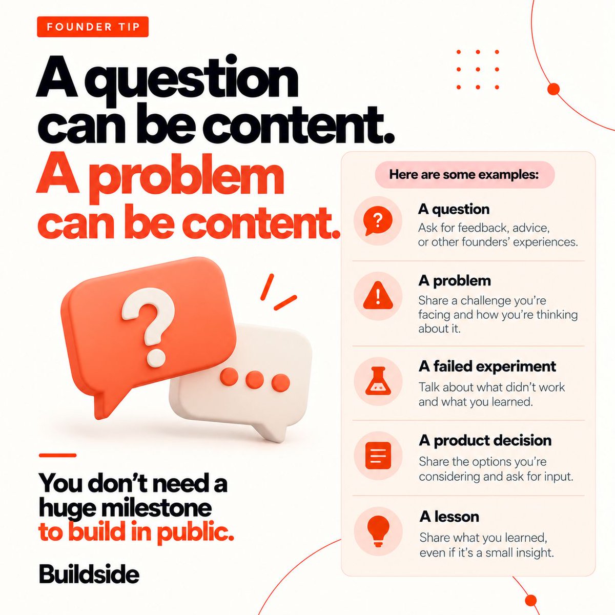 thebuildside's tweet photo. A question can be content.

A problem can be content.

A failed experiment can be content.

A product decision can be content.

You don't need a huge milestone to build in public.

You just need something real to share. https://t.co/7MSxmt8clt