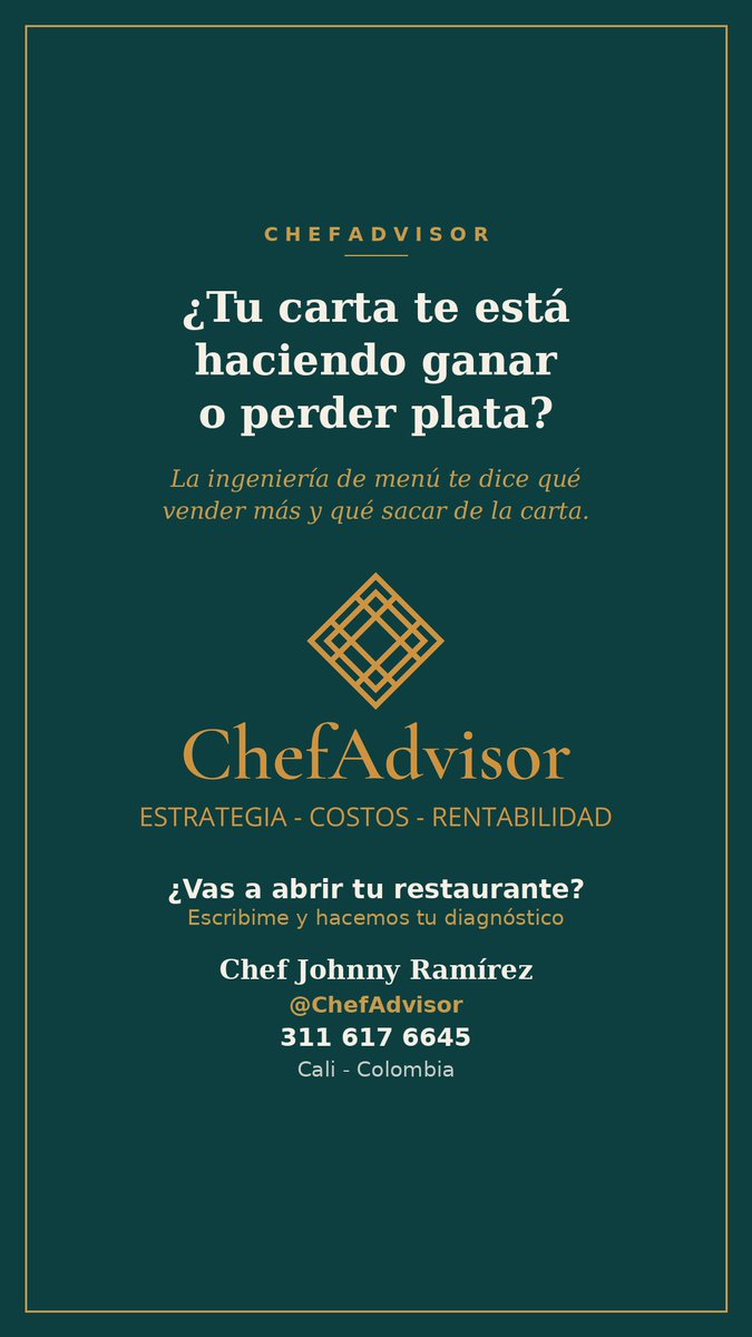 Johnnycheff145's tweet photo. CHEFADVISOR
CONSULTORÍAS GASTRONÓMICAS
@ChefAdvisor.
Johnny Ramírez
3116176645
Cali - Colombia
Estrategia - Costos - Rentabilidad
#EmprendedoresCali, #Cali, #RestaurantesCali, #AbrirUnRestaurante, #ConsultoriaGastronomica https://t.co/XBcRDxRtYi