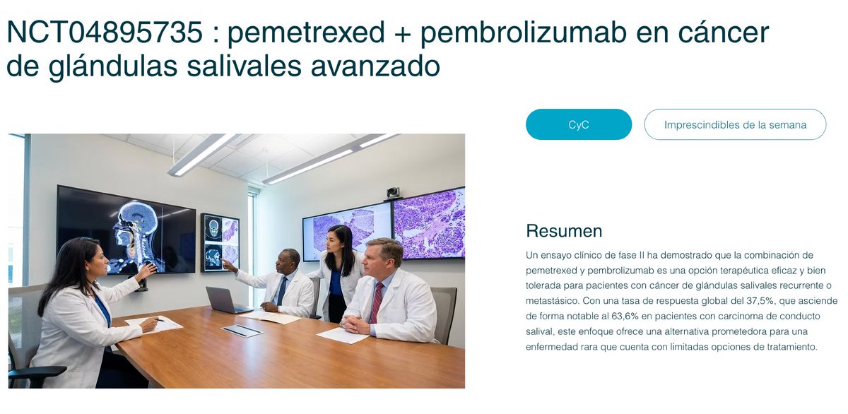 OncobitesTv's tweet photo. 💥 Avances en cáncer de glándulas salivales avanzado (SGC)

Un ensayo fase II demuestra que la combinación de pemetrexed y pembrolizumab ofrece una actividad antitumoral significativa en pacientes con enfermedad recurrente o metastásica (R/M).

🔬 Resultados clave:
✔️ Tasa de respuesta global (ORR) del 37,5%, alcanzando un 63,6% en carcinoma de conducto salival (SDC).
✔️ Mediana de supervivencia global (OS) de 20 meses.
✔️ Perfil de toxicidad manejable.

💡 Una alternativa prometedora y duradera frente a la quimioterapia estándar.

Descubre más detalles aquí 👉 https://t.co/r4jBdVGfdD

#Oncología #SGC #Inmunoterapia #InvestigaciónMédica #OncoBites