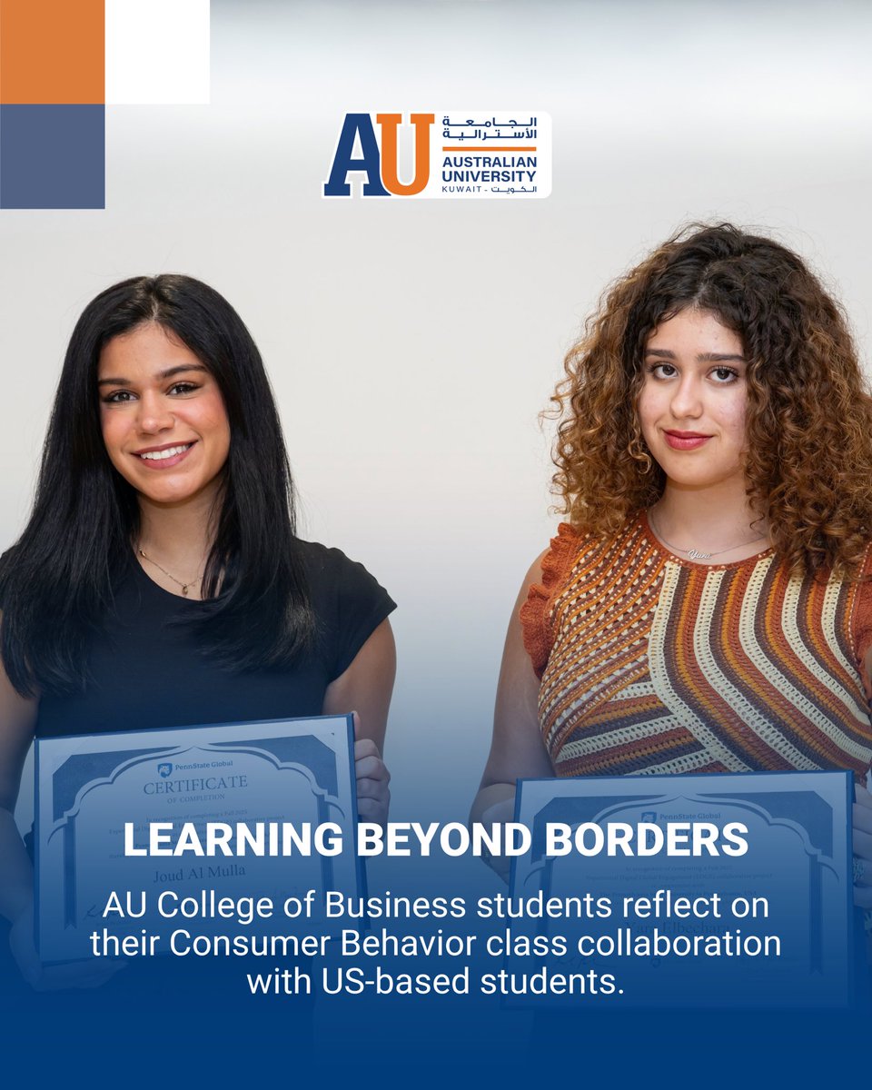 AU_Kuwait's tweet photo. We are proud of our College of Business (COB) students, who gained valuable global perspectives on consumer behavior through an engaging international collaboration with students from the PennState Global in the United States.

#au_kuwait https://t.co/bGbHAeU8Qq