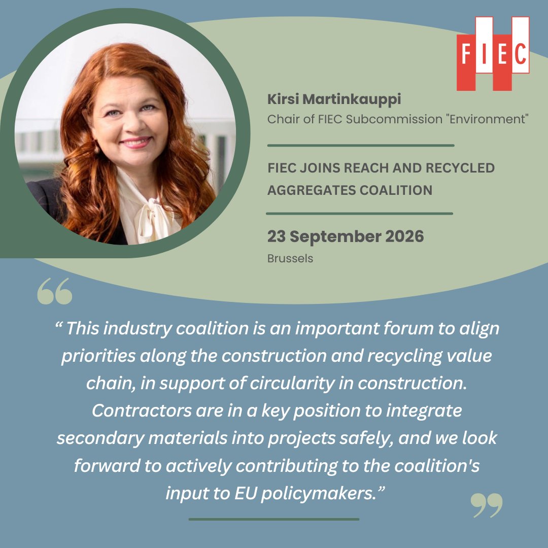 FIEC_Brussels's tweet photo. 𝐅𝐈𝐄𝐂 is 𝐧𝐞𝐰 𝐦𝐞𝐦𝐛𝐞𝐫 𝐨𝐟 𝐑𝐄𝐀𝐂𝐇 𝐚𝐧𝐝 𝐑𝐞𝐜𝐲𝐜𝐥𝐞𝐝 𝐀𝐠𝐠𝐫𝐞𝐠𝐚𝐭𝐞𝐬 𝐜𝐨𝐚𝐥𝐢𝐭𝐢𝐨𝐧 to work with key industry players to advance the #circular use of #construction materials.
Our representative🗣️Kirsi Martinkauppi, Chair of sub-commission Environment https://t.co/zj7GSvt5Sr