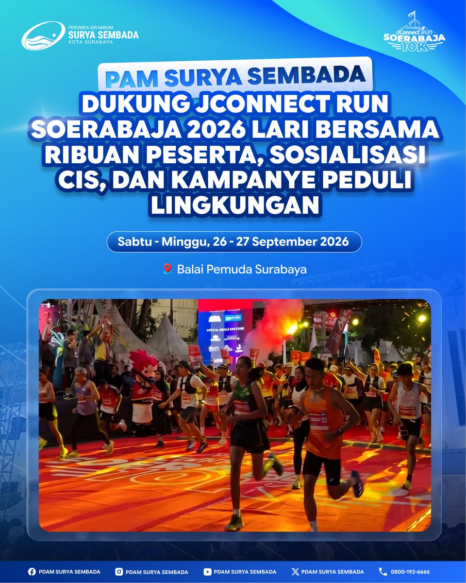 PDAMSurabaya's tweet photo. Perumda Air Minum Surya Sembada Kota Surabaya bangga bisa mendukung keseruan JConnect Run Soerabaja 2026 yang berlangsung pada Sabtu - Minggu, 26 - 27 September 2026 di Balai Pemuda Surabaya.

#PDAMSuryaSembada #JConnectRunSoerabaja2026 #Soerabaja10K #CISPDAM #beritapdamsby https://t.co/6CVfXdgOYj