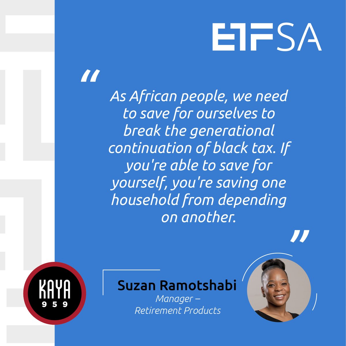 ETFSA's tweet photo. Saving for yourself isn't selfish. It's how you stop one household from depending on another.

Suzan Ramotshabi, our Retirement Products Manager, joined @gugumfuphi on @KayaON959 to talk about financial psyche, generational cycles, and why starting your retirement savings early changes more than just your own future.

Listen to the full conversation here: https://t.co/L0hquGVWvz