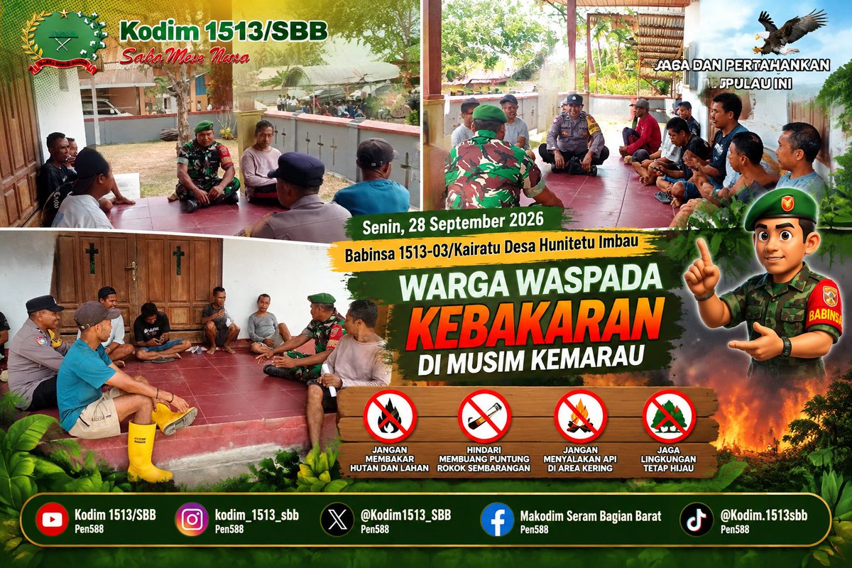 M1513sbb's tweet photo. Babinsa 1513-03/Kairatu Desa Hunitetu Imbau Warga Waspadai Kebakaran di Musim Kemarau. 

Baca selengkapnya👇
https://t.co/YJIPsfcIBs https://t.co/uJDuAUIWWw