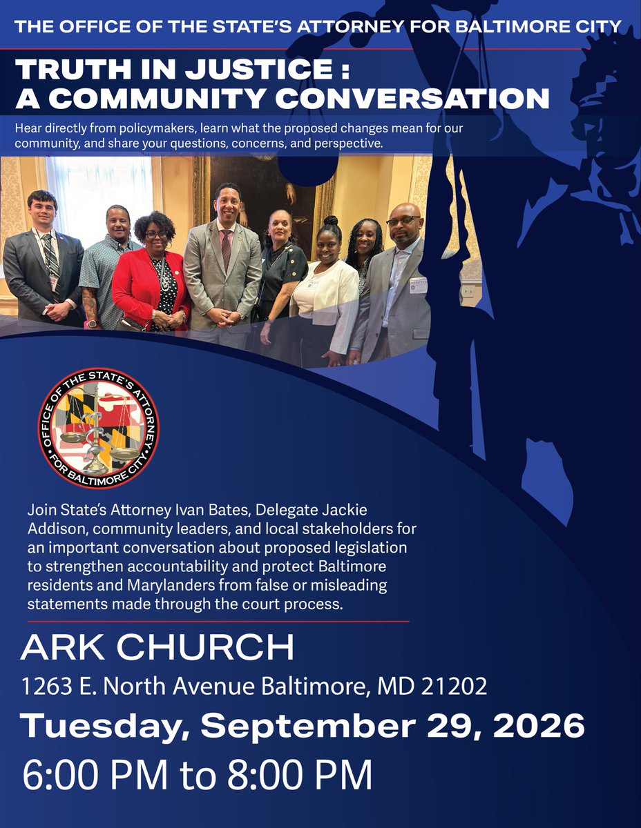 ivanjbates's tweet photo. Have you, a friend and/or family member been subject to false charges being levied against you/them via the court commissioner process? If so, we want to hear from YOU! 

For three years, Delegate Jackie Addison and I have been trying to change this archaic and often retaliatory system down in Annapolis. We were minutes away from passage during the last session and want lawmakers to hear from the residents of Maryland to better understand why changes to this system are necessary during this upcoming session. 

Join us at Ark Church (1263 E. North Avenue) on Tuesday, Sept 29th from 6:00-8:00P to have this candid conversation with those looking to offer real solutions to the issues we face. #BuildingBridgesForABetterBaltimore #CourtCommissionerProcess #CommunityConversations
