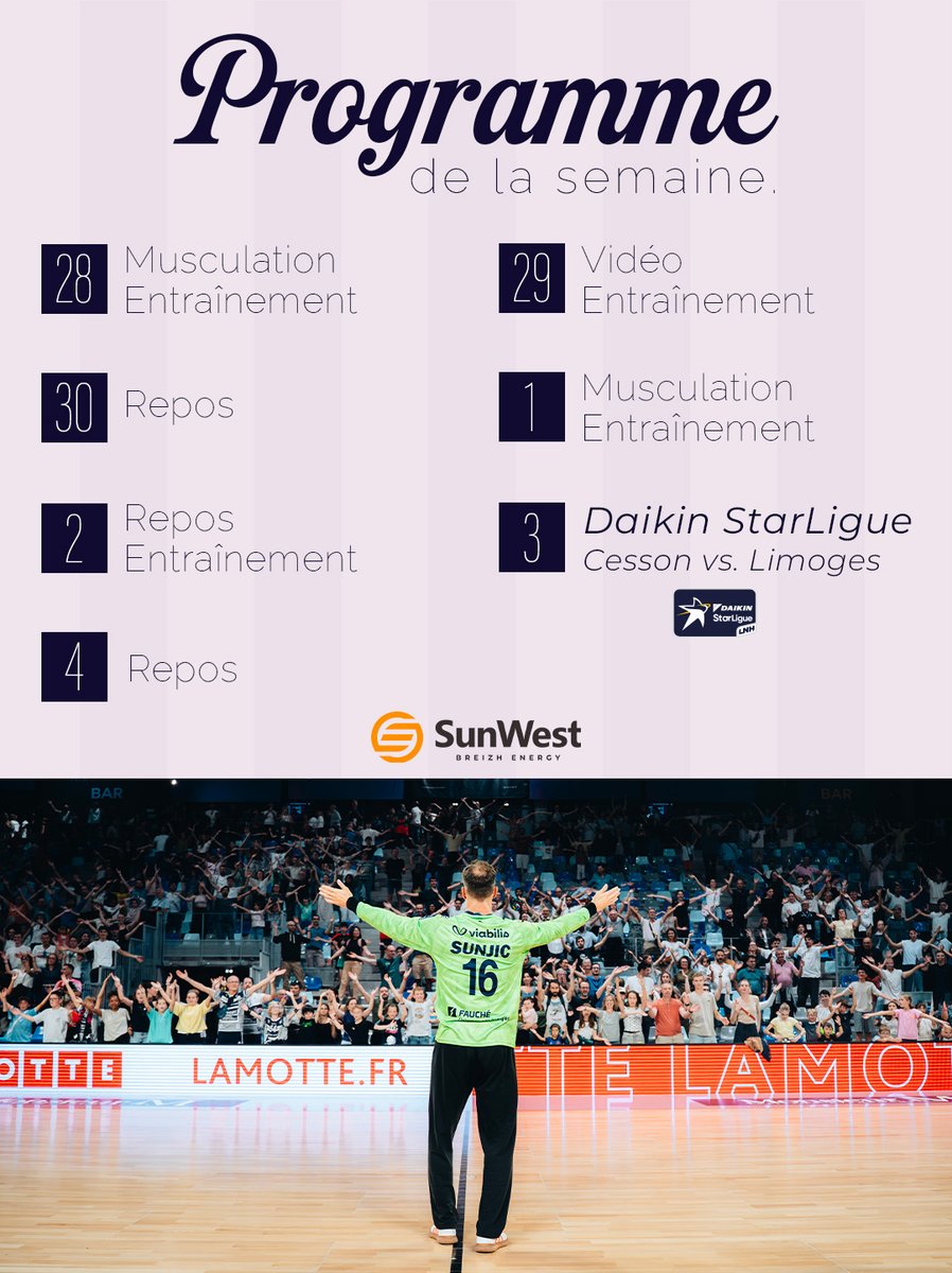 crmhb's tweet photo. Programme de la semaine 🔛

Nouvelle semaine de travail avec Limoges en ligne de mire samedi soir à l'occasion du double match 👀

🗓️ Samedi 3 octobre
🏆 J5 - Daikin StarLigue
⚔️ Limoges - 20h30
📍 Glaz Arena - Cesson-Sévigné
📺 Handball TV
🎟️ https://t.co/eihnSMeUXA

Sunwest 🤝 https://t.co/4GP5ILw6yI