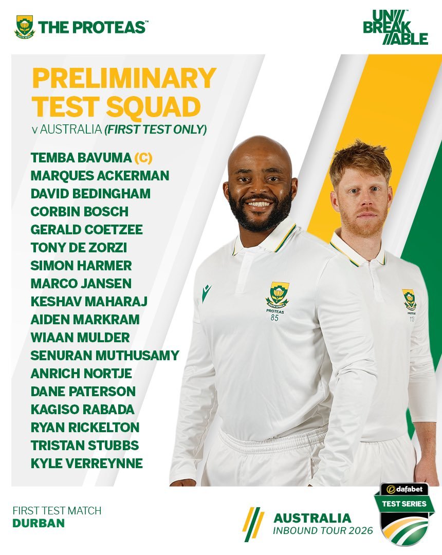 Werries_'s tweet photo. 🇿🇦 Pre-liminary Proteas Test Squad 

First major news, Marques Ackerman gets his maiden call-up

Anrich Nortje returns to the Test squad 😯 

Coetzee, Paterson returns to the Test side

Baartman, Maphaka and Ngidi were not considered due to still recovering from injuries... 1️⃣ https://t.co/gXlcPzTtTg