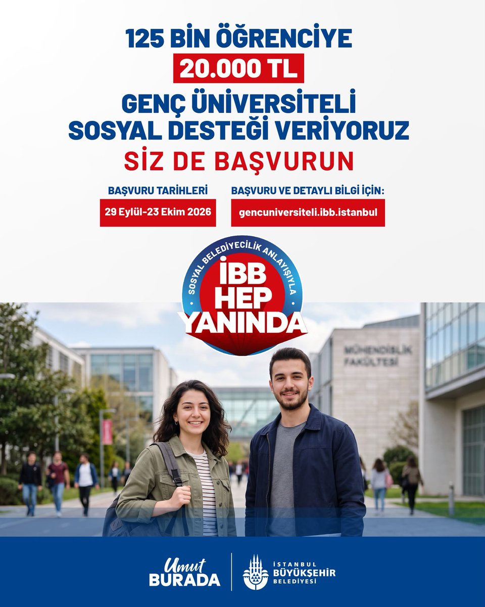nuriaslan_tr's tweet photo. Gençler eğitimlerinden başka bir şey düşünmesin diye İBB hep yanlarında.

Bugüne kadar 488 bin 18 kez Genç Üniversiteli Sosyal Desteği verdik, gençlerimize yaklaşık 5 milyar liralık katkı sağladık.

Bu yıl da 125 bin üniversiteli evladımıza 20 bin lira destek vereceğiz.

Başvurular 29 Eylül’de başlıyor.