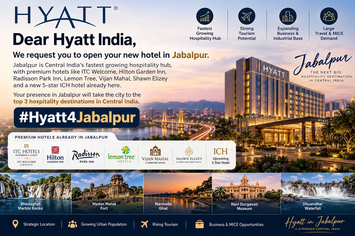 JbpVoice18608's tweet photo. @Sunjae_0110  @Hyatt @Hyatt_India Dear Hyatt India, consider Jabalpur—WCR HQ, Defence Capital of Central India, Judicial Capital of MP &amp; an upcoming Metropolitan City. A Hyatt here would boost its growing hospitality sector. #Hyatt4Jabalpur https://t.co/SQwMqDuoX3