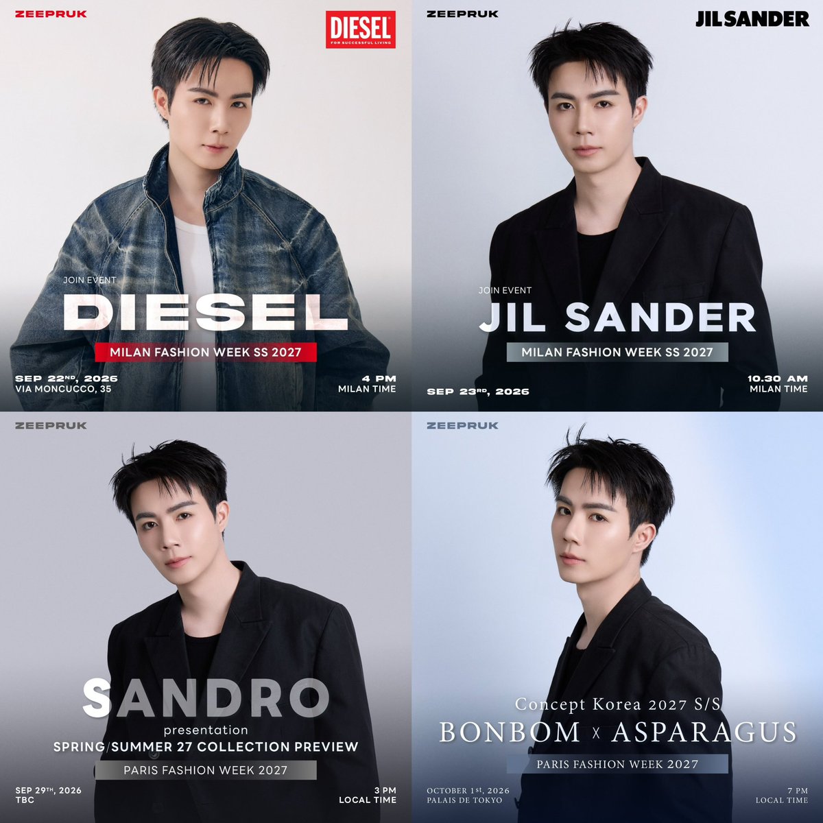 ppetchsp's tweet photo. พี่ซีกับ Fashion Week ครึ่งปีหลัง 2026 🥹🤍

Milan Fashion Week
ㅡ DIESEL
ㅡ Jil Sander
Paris Fashion Week FW27
ㅡ SANDRO (29/09) 🆕
ㅡ BONBOM x ASPARAGUS (01/10) 🆕

สุดยอด ปีนี้ไปแฟชั่นวีคหลายรอบมาก มาอีกได้นะคะ 
( #ZeePruk @zee_pruk ) 🩶🖤 https://t.co/15opGFtupL