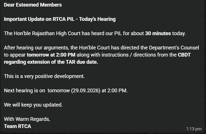 rambajajgst's tweet photo. Retweet For Support and Reach

Message by RTCA President after Today hearing on Rajasthan High Court on #ExtendTaxAuditDate 

Ram Bajaj
8696424223

For Regular GST Updates, Join this Group
https://t.co/qwbrJcdzci https://t.co/Mom2lhARhF