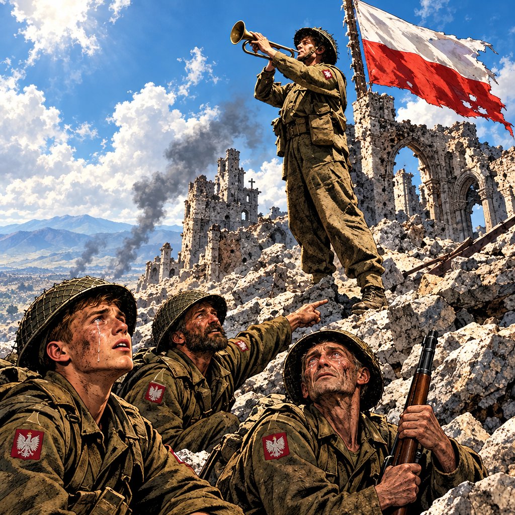 PeniakoffPL's tweet photo. 18 maja 1944 r. o godz. 9:50 na ruinach klasztoru Benedyktynów na Monte Cassino zawisł najpierw proporczyk 12. Pułku Ułanów Podolskich. Patrol ppor. Kazimierza Gurbiela (trzynastu ułanów) wszedł jako pierwszy na Górę Klasztorną — ziemię, po której, jak pisał ppor. Witold Domański, stąpali jak po Everescie: „dla nas ta góra była najbardziej niedostępnym szczytem świata […] Lecz tędy prowadziła droga do Polski”.

O 10:45 gen. Bronisław Duch kazał wywiesić polską flagę państwową; o 11.45 rozkaz wykonał mieszany patrol 5. Batalionu. Z rozkazu gen. Andersa obok biało-czerwonej zawisła flaga brytyjska. O 14:00 przyjechali korespondenci — i wtedy plut. Emil Czech odegrał z murów klasztoru Hejnał Mariacki.

Najmocniejszy szczegół zapisał plut. Władysław Choma, siedzący wśród kamieni na wzg. 593 z żołnierzami 4. Batalionu — zarośniętymi, brudnymi, ze „śmiertelnym zmęczeniem” w zapadniętych oczodołach. Gdy nad ruinami pojawiła się biało-czerwona chorągiew, a przez powietrze poszarpane wybuchami popłynęła trąbka krakowskiego hejnału, ci zahartowani w wielu bojach ludzie „rozmazali się jak dzieci”. Nie z radia: z niezdobytej dotąd niemieckiej twierdzy, wśród padających pocisków, usłyszeli „sygnał hejnału — głos Polski”. I wtedy — szczegóły, którego nie wymyśli żadna propaganda — pytali Chomę, gdzie ta Polska, i kazali sobie na horyzoncie pokazywać kierunek.

Trzy miesiące później, w sierpniu 1944, 1. Dywizja Pancerna gen. Stanisława Maczka dostała zadanie zamknięcia luki pod Falaise: zdobyć węzeł Chambois i obsadzić masyw Mont-Ormel. Maczek nazwał to zgrupowanie wzgórz „Maczugą” — od układu poziomic 262 północnego i południowego. Gdy Polacy usiedli na Maczudze jak korek w szyjce butelki, Montgomery miał później powiedzieć: „Pod Falaise Niemcy byli zamknięci jak w butelce, a wy (Polacy) byliście korkiem tej butelki”. Od hejnału na Monte Cassino do Maczugi pod Falaise — w jednym roku 1944 dwa polskie związki (2. Korpus Andersa i 1. DPanc Maczka) otwierały drogę do domu. Motto Maczka: „Żołnierz polski bije się o wolność wielu narodów, ale umiera tylko dla Polski”.

Źródła:
- Zbigniew Wawer, Monte Cassino 1944, Bellona
- Jadwiga Nadzieja, Falaise 1944, Bellona