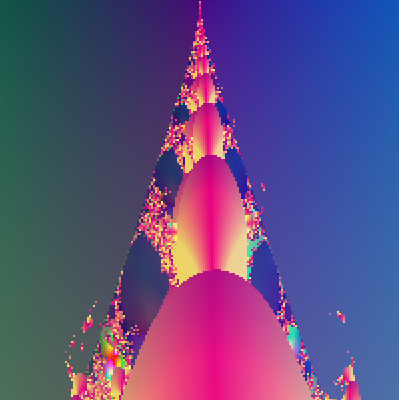 TakagiHitoshi's tweet photo. 複素関数の炎 #p5js #openprocessing
https://t.co/1Ke2Kktt3x
漸化式：z_{n+1}=z^{z}+Cを繰り返し、絶対値が8以上になったら終了するというマンデルブロ集合方式。
色は赤が実部の絶対値、緑が虚部の絶対値、青が偏角。
0<=Re(C)<=3,-1<=Im(C)<=1 https://t.co/lVddcWzzwi