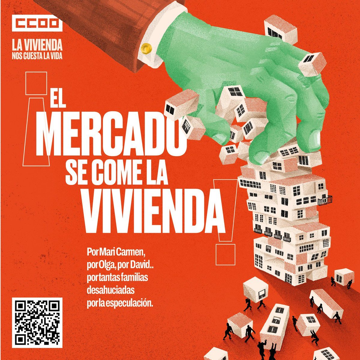 CCOORM's tweet photo. ⚠️ El mercado se come la vivienda. Detrás de la especulación inmobiliaria hay familias reales que pierden sus hogares. 
Por Mari Carmen, por Olga, por David y por miles más: exigimos medidas urgentes. ¡La vivienda nos cuesta la vida! 

🛑🏠Escanea el QR para conocer nuestras propuestas de acción. 

👆📱#ViviendaDigna #CCOO 
 https://t.co/A6qOa7hFWx