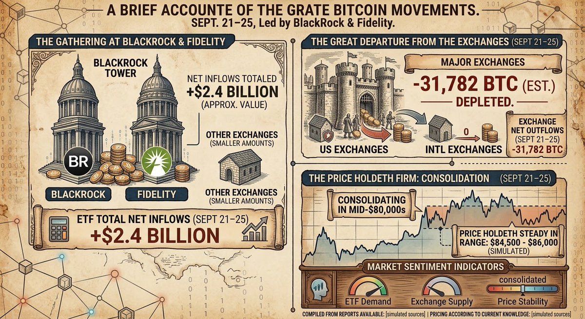 TheFactHammer's tweet photo. ## TLDR

US spot Bitcoin ETFs added about $2.4 billion between September 21 and 25, led by BlackRock and Fidelity, while roughly 31,782 BTC left major exchanges and Bitcoin consolidated in the mid‑$80,000s. https://t.co/hn8Oxkh2xj