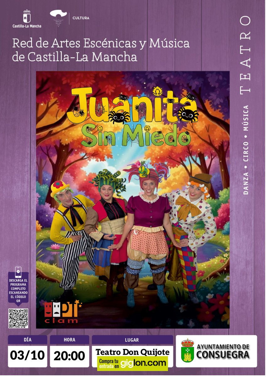 AytoConsuegra's tweet photo. 📢 Próxima función Teatro Don Quijote Consuegra🎭‼️ ‼️

📆 Sábado 3 de octubre 🕖 20:00h

✅ Juanita Sin Miedo de PTCLAM

👨‍👩‍👧‍👦 Para todos los públicos.

🎟 Entradas  ➡️ https://t.co/e1l49IIm8Z

ℹ️ https://t.co/sKQkGPh601 https://t.co/ToF6CdeWQ7