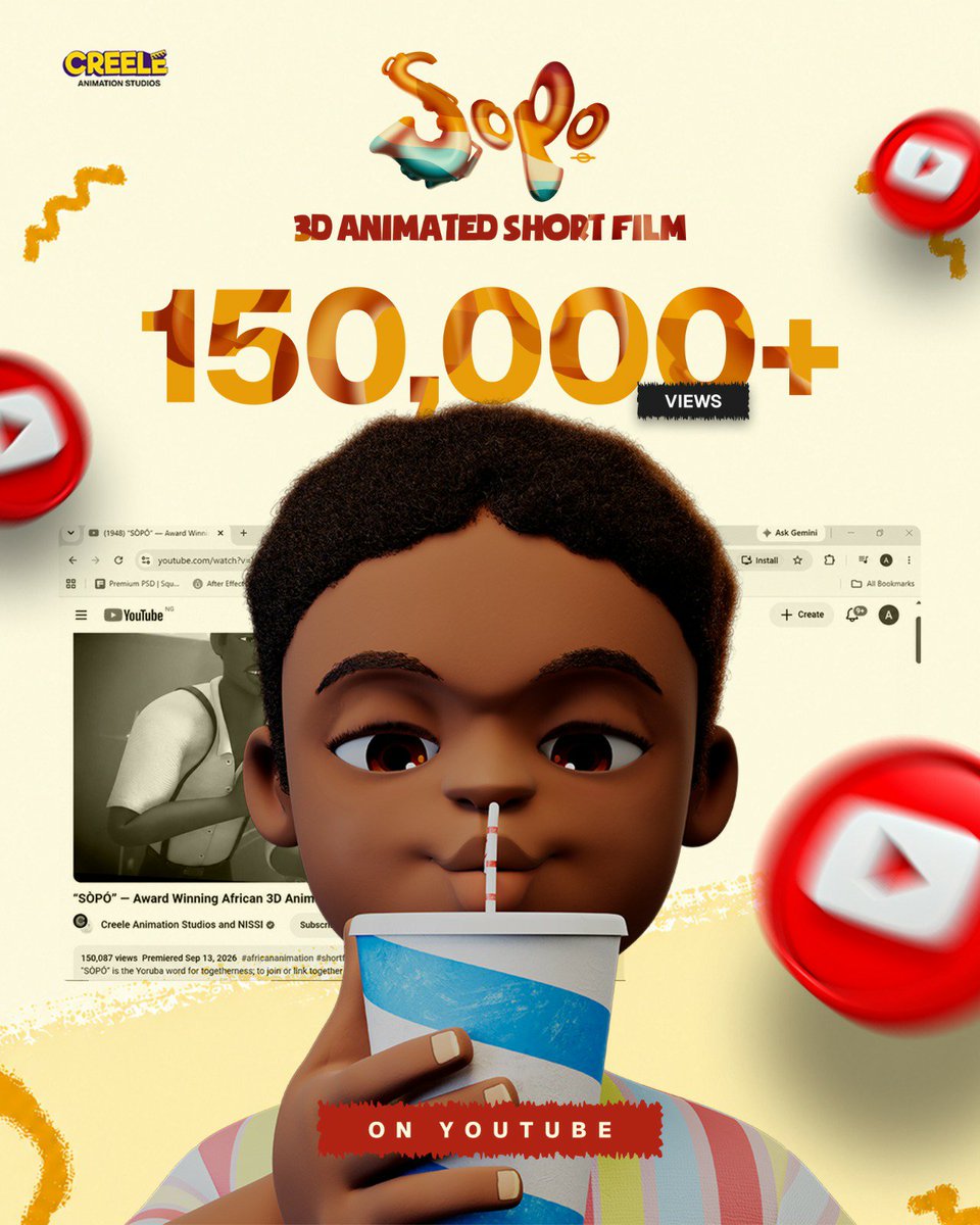 CreeleStudios's tweet photo. SOPO has officially surpassed 150,000K views on YouTube.

Thank you for every watch,like, share &amp; comment.

We’re grateful to see our story reaching audiences from different places.

Haven’t watched yet? Visit our YouTube Page to watch the film.

#SOPO #CreeleAnimation #animation https://t.co/htRAN7Nnce
