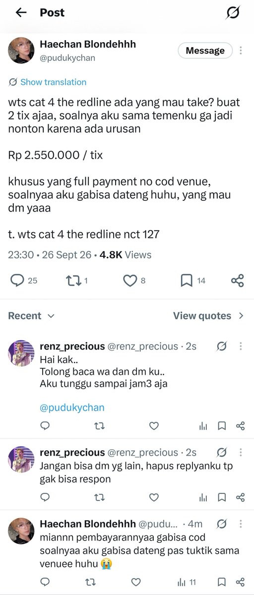 renz_precious's tweet photo. Help RT SCAM Nct127 Redline Jkt !

Buat yang masih cari wtb wts redline nct 127 jakarta hati2 yaa.. 

Dia wts cat 4 
@SeaBankID 901406925756
Jessica Eka Arviriani
083122084843

Hapus komen, reply yg lain bisa tp respon aku nggak bisa

https://t.co/KIRZfgl9Ye https://t.co/OTmxjJRh1B