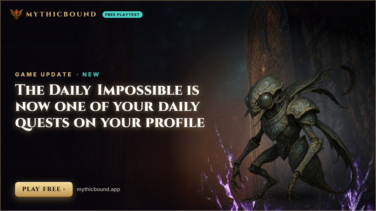 MythicboundSol's tweet photo. Your profile's Daily Quests list now shows the Daily Impossible.

Also in this update:
• The Daily Impossible now leads the quest panel too
• The Daily Impossible now leads your daily quests
+3 more in our Discord

#MythicBound #Solana https://t.co/8VYas3WXy5