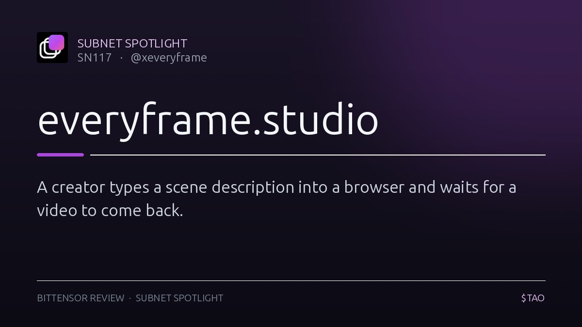 taoleeh's tweet photo. Subnet Spotlight: https://t.co/XCcZFXNJhR (SN117) — @xeveryframe

A creator types a scene description into a browser and waits for a video to come back. In Everyframe, the interesting part is what stands behind that request: not one company's deal with one model provider, but a network of competing operators, each serving the job inside a sealed machine that signs what it hands back.

Every model comes as a contract whose terms are fixed up front: what goes in, how long the clip runs, its resolution, and its price. Miners, the operators who take the jobs, bring their own access to commercial model providers and compete on the discount they offer against the listed rate. A coordinator routes each job to an eligible offer, the work runs inside an attested worker (a sealed program the hardware vouches for), and the output returns with a receipt binding it to the request it answered. Validators (the nodes that score the miners and hold the subnet's stake) weigh the work that passes every check.

For developers, the draw is one integration instead of a patchwork: new models arrive as new contracts, priced on the page. For the person paying, the receipt is the difference. It ties the request, the settings, and the output together, so the trail from order to result can be checked after the fact.

Where the network still relies on trust, it says so: providers process the content they generate, and a sealed machine proves which code ran, not how good the result looks.

$TAO #Bittensor