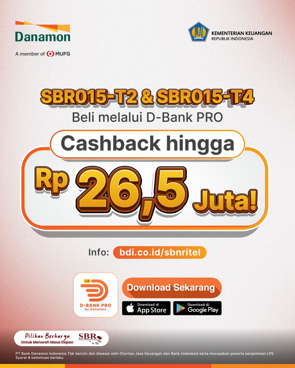 danamon's tweet photo. Beli melalui D-Bank PRO dan dapatkan Cashback hingga Rp26,5 Juta!

Segera daftar Single Investor Identification (SID) di cabang Danamon terdekat.

Info: https://t.co/YTliIXqKpa

#Danamon #TumbuhBersamaDanamonGroup #KiniUntukNanti #PilihanBerharga #MenorehMasaDepan https://t.co/qJtiWvicQi