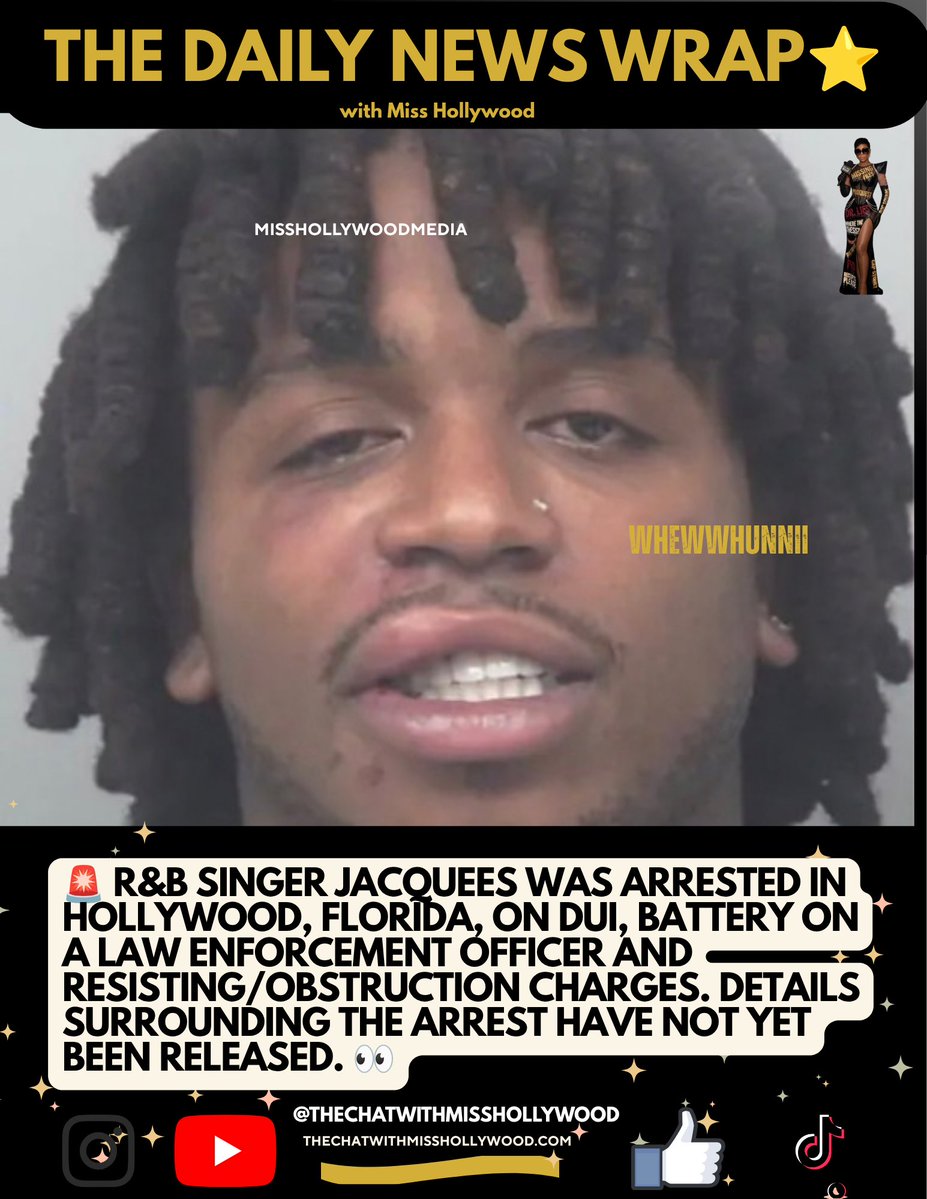 MissHollyw57741's tweet photo. 🚨 R&B singer Jacquees was arrested in Hollywood, Florida, on DUI, battery on a law enforcement officer and resisting/obstruction charges. Details surrounding the arrest have not yet been released. 👀
#Jacquees #RNBNews #CelebrityNews #thedailynewswrapmisshollywood https://t.co/8E7ZVArPrw
