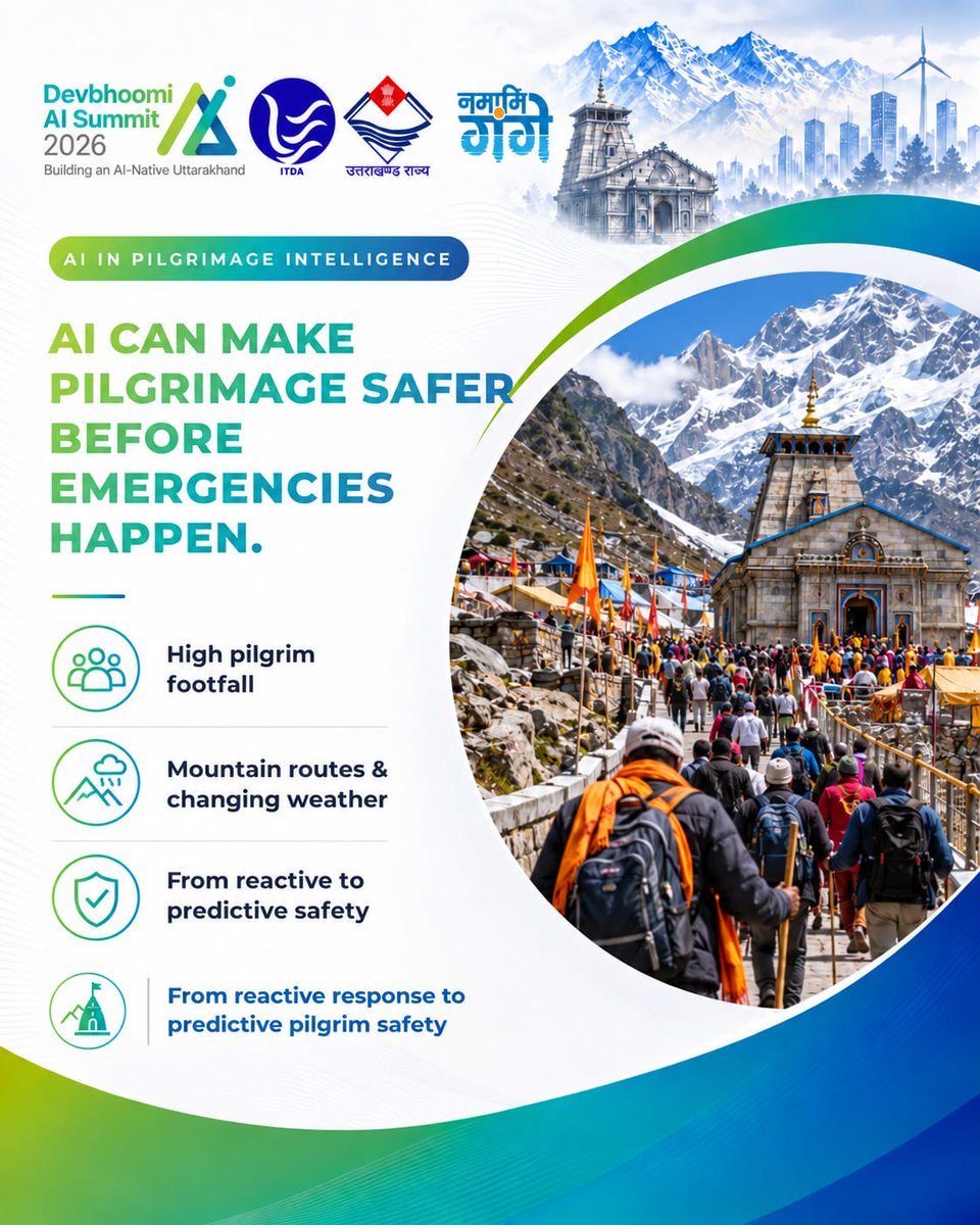 DevboomiAI's tweet photo. Can AI identify pilgrimage risks before they escalate? 

By connecting crowd, route, traffic &amp; weather insights, AI could support earlier alerts, faster coordination and smarter yatra management.

#DevbhoomiAISummit #AIForSafety #AI #Uttarakhand #AIForGood https://t.co/BFRUH7rk8Z
