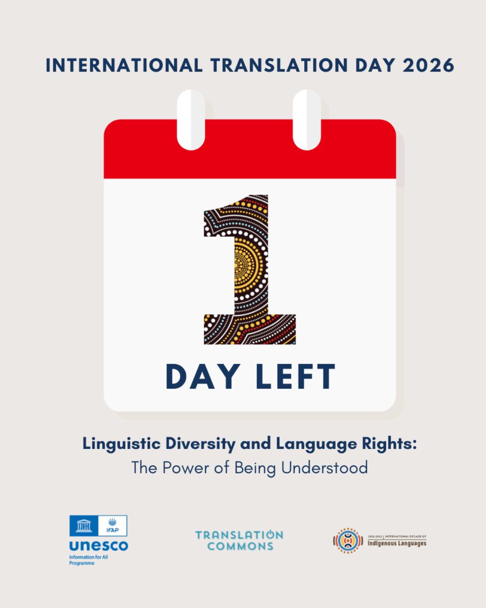 ILDecade's tweet photo. ⏳ Only 1 day to go!

Tomorrow, join us &amp; @TranslationCom1 for #InternationalTranslationDay 🌍

Explore language rights, community action, translation technologies, AI &amp; data governance—and the power of being understood.

⏰ 14:00 UTC | 💻 Online
🔗 https://t.co/fZ6gDAJOy9 https://t.co/WsmNO03v5L