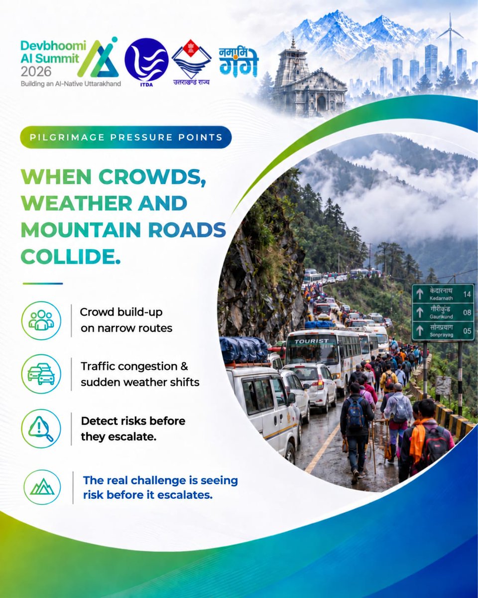 DevboomiAI's tweet photo. Can AI identify pilgrimage risks before they escalate? 

By connecting crowd, route, traffic &amp; weather insights, AI could support earlier alerts, faster coordination and smarter yatra management.

#DevbhoomiAISummit #AIForSafety #AI #Uttarakhand #AIForGood https://t.co/BFRUH7rk8Z