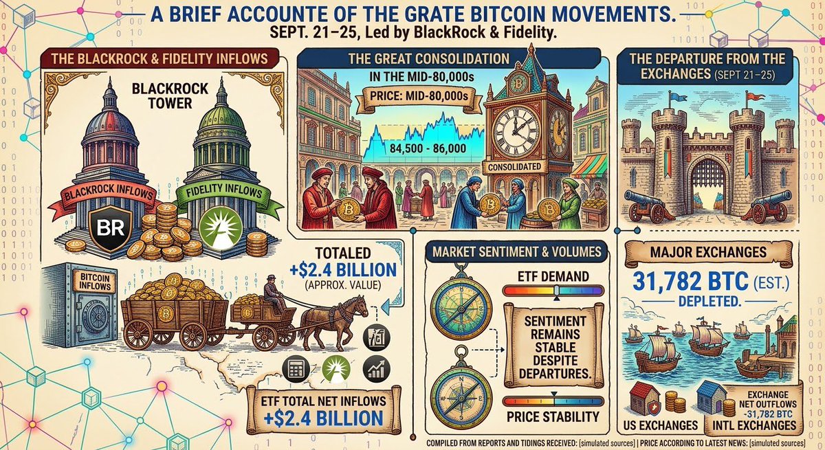 TheFactHammer's tweet photo. US BTC ETFs +$2.4B Sep 21-25 (BLK/Fidelity lead); ~32k BTC left exchanges; BTC consol. mid-$80ks. https://t.co/c0yAKhVxwo