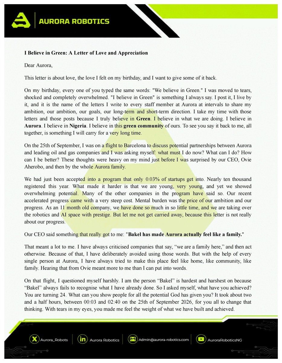 aurora_robots's tweet photo. From a place of sincere appreciation to all that love and support Aurora.💚
_ @ThatRoboticsDev 
CTO, Aurora Robotics https://t.co/6VHo1lCvii