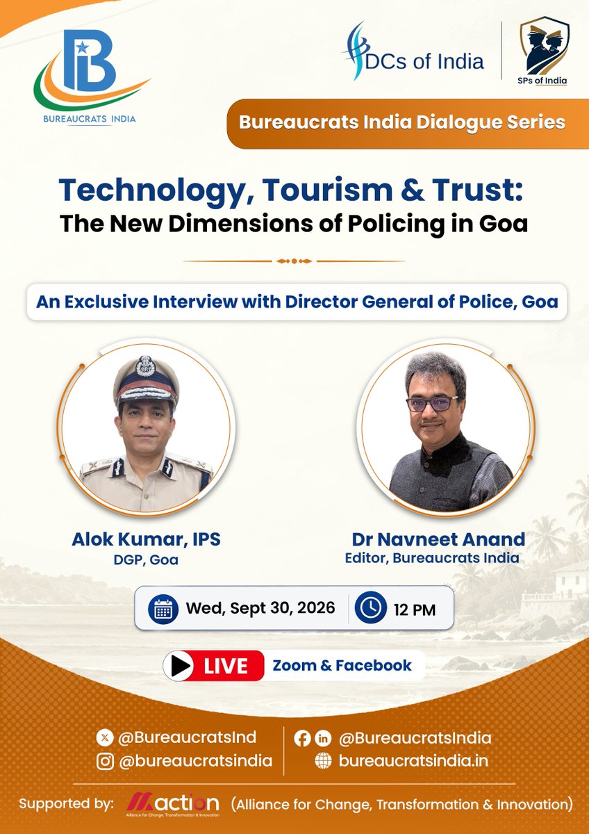 BureaucratsInd's tweet photo. #BIDialogue - Alok Kumar (IPS), DGP, Goa Police

The Goa Police was recently awarded the President's Colour, in recognition of its decades of exemplary services. It has performed a sterling job across tourist hubs, a long coastline and, increasingly, the digital space.

The force has been steadily transforming. Response times have been more than halved, conviction rates have more than doubled, and technology is changing how people reach the police.

How did this change happen, and what comes next? 

Join Alok Kumar, IPS, DGP, Goa, in an exclusive conversation with Dr Navneet Anand, Editor, Bureaucrats India.

📅Wed, 30 Sept, 2026 | 12 PM 

Register 👇
https://t.co/69x6uhgkEy 

@AmitShah @HMOIndia @Goa_Police @DGP_Goa 

@DrPramodPSawant @goacm @IPS_Association @SPsofIndia @navneetanand