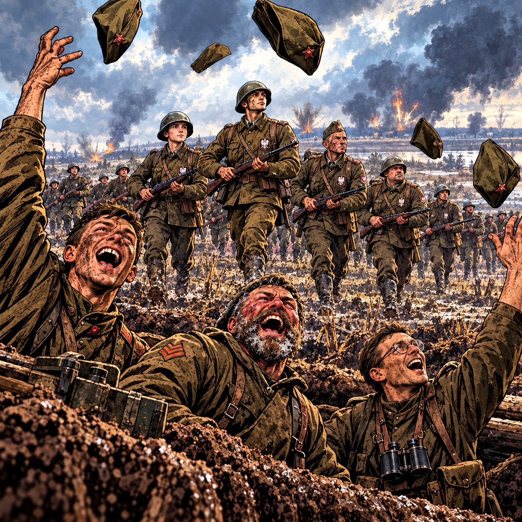 PeniakoffPL's tweet photo. 12 października 1943 r. 1. Dywizja Piechoty im. Tadeusza Kościuszki idzie do pierwszego boju pod Lenino. Gen. Zygmunt Berling stoi na punkcie obserwacyjnym między 1. a 2. pułkiem: gdy rakiety dają sygnał i pułki wstają, w piersi zrywa się okrzyk „Poszli!”. Żołnierze — według jego relacji — idą wyprostowani „jak na defiladę”, mimo że krótkie przygotowanie artyleryjskie nie zniszczyło niemieckich gniazd ogniowych.

Płk Bolesław Kieniewicz (doświadczony frontowiec) mówi wprost: „Widziałem różne natarcia, ale nigdy tak żołnierze nie szli pięknie, jak Polacy pod Lenino. Szyki bojowe, jak wyrysowane… dywizja szła jak na paradzie”.

Wrażenie jest tak silne, że obserwatorzy radzieckiej artylerii wspierającej kościuszkowców wyskakują przed okopy na przedpiersia, rzucają czapki w górę i w „szaleńczej euforii” krzyczą: „Niech żyją Polacy! Niech żyje polska dywizja! Wot idut kak mariaki” („Idą jak marynarze” — wyprostowani, pewnym krokiem).

Dowódca 33. Armii, gen. płk Wasilij Gordow — frontowiec z ponad dwuletnim doświadczeniem, znający natarcia gwardyjskich dywizji radzieckich — jest tak wstrząśnięty widokiem, że w trakcie bitwy dzwoni do Berlinga: „Generale Berling, ja długo wojuję, ale takiego natarcia dawno nie widziałem. Gratuluję Wam”. Sobczak podkreśla, że taki brawurowy atak tyralierą w szyku wyprostowanym, bez zatrzymywania się na linii szturmowej, nie powtórzył się już do końca wojny — i że zaskoczył także Niemców.

Ten sam rok wojny, drugi front: 6 czerwca 1944 rangersi ppłk. Ruddera na Pointe du Hoc nie mają łączności między grupami. Radiostację obsługuje Polak z Pensylwanii, Ludwik Lisko. O 9:00 przekazuje meldunek: „Pointe du Hoc zajęty — zadanie wykonane — potrzebuję amunicji i posiłków — liczne straty”. Odpowiedź gen. Huebnera dopiero po dwóch godzinach: posiłków nie ma. Lisko nawiązuje wtedy łączność z niszczycielem Satterlee i przekazuje namiary punktów oporu — okręt niszczy je kolejno i kładzie zaporę ogniową przed stanowiskami rangersów. Pod Lenino sowiecki dowódca armii dzwoni z gratulacjami, bo Polacy idą „jak na paradzie”; w Normandii Polak-Amerykanin trzyma radiostację, bez której rangersi zostaliby bez wsparcia artylerii okrętowej.

Źródła:
- Kazimierz Sobczak, Lenino 1943, Bellona,  s. 150–151
- Robert Bielecki, Normandia 1944, Bellona, s. 155–156