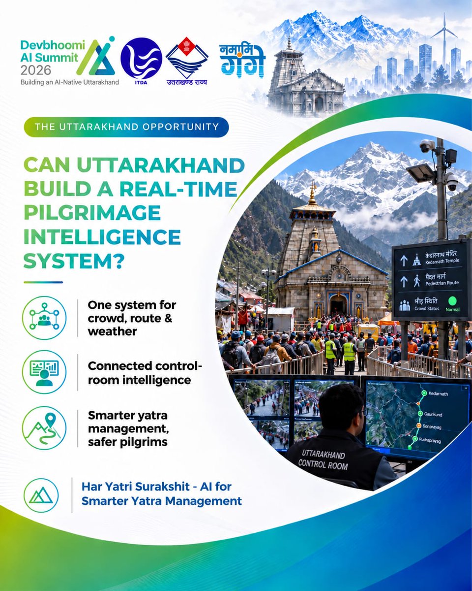DevboomiAI's tweet photo. Can AI identify pilgrimage risks before they escalate? 

By connecting crowd, route, traffic &amp; weather insights, AI could support earlier alerts, faster coordination and smarter yatra management.

#DevbhoomiAISummit #AIForSafety #AI #Uttarakhand #AIForGood https://t.co/BFRUH7rk8Z